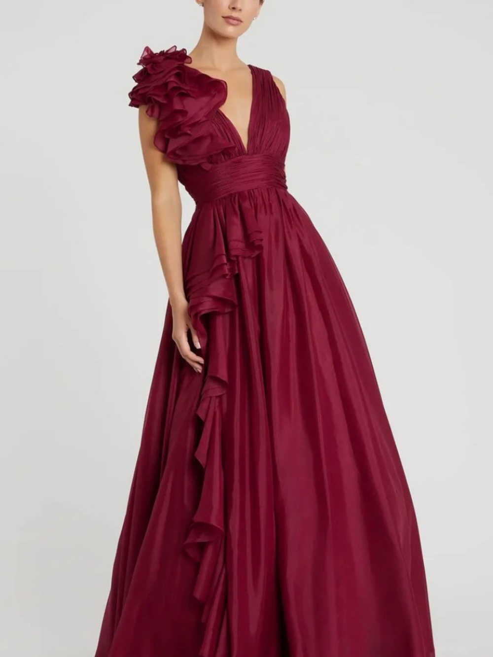 Mac Duggal Cranberry Burgundy One-Shoulder Ruffle Evening Gown